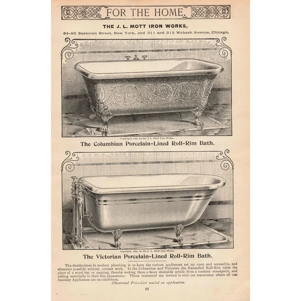 1892 J L Mott Iron Works Columbian Porcelain Lined Roll Rim‎ Bath Tub Print Ad